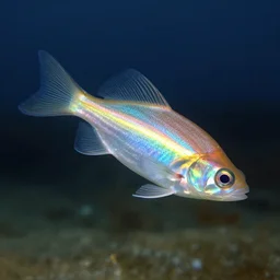 transparent seal with rainbow bioluminescence down its back playing underwater, realistic