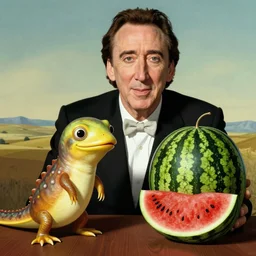 nicolas cage, a platypus, and a watermelon, in the style of salvador dali