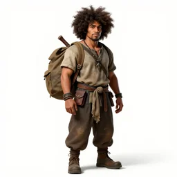 afro-haired goblin trader with pack, photorealistic portrait photography, full body, standing, isolated on a pure white background, centered, whole figure in frame, sharp focus, studio lighting
