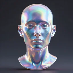 3d render of holographic human robotic bust made of glossy iridescent, surrealistic 3d illustration of a human face non-binary, non binary model, 3d model human, cryengine, made of holographic texture, holographic material, holographic rainbow, concept of cyborg and artificial intelligence