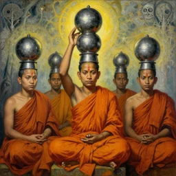 sri lankan 8 0's buddhist monks with metal spheres in head,, painting by james jean, craig mullins, j. c. leyendecker, lights, art by ernst haeckel, john william godward, hammershøi