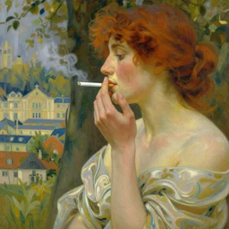 cigarette in woman's hand painting by mucha
