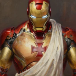 ironman from marvel comics, closeup portrait, sci fi, fantasy, intricate, with german iron cross on bare chest, elegant, loin cloth, highly detailed, oil painting, artstation, concept art, matte, sharp focus, illustration, hearthstone, art by earl norem