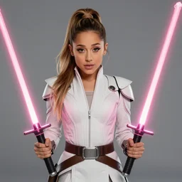 Still action photo of Ariana Grande in the Star Wars universe holding two pink lightsabers in each hand. Maximum detail on artstation, photo realism, vivd details, vivd colour, volumetric lighting