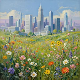 A surrealist painting of a futuristic city inspired by various wildflowers