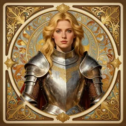 head-on symmetrical centered painted portrait, Elisha Cuthbert as a paladin, blonde hair, ornate heavy plate armour, art nouveau, ornate square border, tarot card style, medieval robes, fantasy, intricate, elegant, highly detailed, smooth, sharp focus, illustration, artstation, in the style of Artgerm and Anna Podedworna and Alex Ross and Mucha
