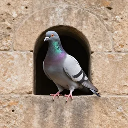 a pigeon stuck in a hole inside a medieval wall