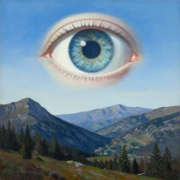 peter elson painting of a giant eye in the sky in a mountain scape