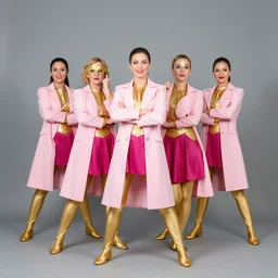 1 1 people wearing light pink tail coats, golden shirts and golden tights and magenta skirts, all doing superhero poses