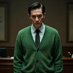 low rent lawyer with something devilish about him, wearing a green stained cardigan