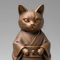 demure anthropomorphic cat figurine wearing a kimono, brown resin, highly detailed, intricate, monotone