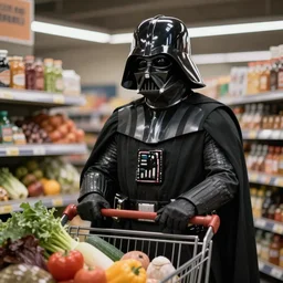 A still of a Darth Vader shopping for groceries, 4k, photograph, photoreal, ultra realistic, highly detailed, professional lighting