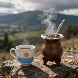 an argentinian cup of mate and staw, photorealistic, outdoors, hot vapor, tea, intricate digital art