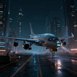 futuristic sci fi plane lands at runway of cyberpunk city, night photo ,dark cinematic lighting , digital concept art