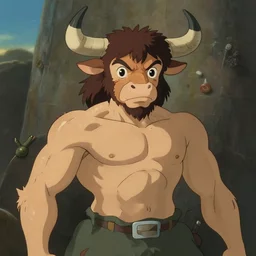 little god moloch by studio ghibli, digital art, classical art, sharp focus, bull headed muscular man