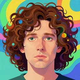 a colorful vibrant closeup portrait of a simple caucasian man with curly mid length brown hair with a calm afraid aesthetic face broken reflections mirrored dreamy vibes and dreaming psychedelic hair, by kawase hasui, moebius, edward hopper and james gilleard, zdzislaw beksinski, steven outram colorful flat surreal design, hd, 8 k, artstation