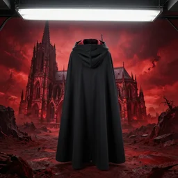 a wizard cloak, wide angle image, hellish background landscape, large gothic cathedral, stormy red sky, fluorescent light, product photography, by bastien lecouffe - deharme