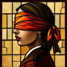 beautiful detailed side - view portrait of philippa eilhart, a blindfolded woman, covered eyes, red and orange blindfold, brown pigtails, modern stained glass art, masterful