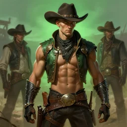 steampunk male bald muscular cowboy, wildwest background, digital painting, green light, detailed, highly detailed, smooth, sharp focus, illustration by ruan jia and mandy jurgens and william - adolphe bouguereau, artgerm