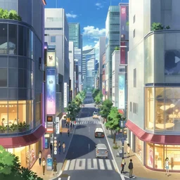 an anime movie background matte painting of a modern city shopping district | | by makoto shinkai, trending on artstation, highly detailed