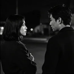 an award winning photo over - the - shoulder shot of a woman and a guy talking in the night, thriller vibe, ilford xp 2 s