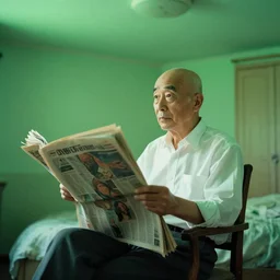 old balding japanese man with white shirt, sitting on a chair and reading newspaper while looking at the ceiling of his room with contrastic green lighting by monet