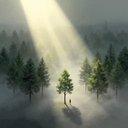 editorial illustration by karolis strautniekas and mads berg, illustrated very tiny trees, person standing very close to camera, fog, fine texture, detailed, muted colors, dramatic lighting, dynamic composition, vivid, matte print, wide angle, ( ( sunbeams ) ), moody