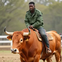 photograph of a black man wearing an army green jacket riding an orange colored bull
