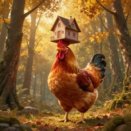 giant chicken with a house on its head in a forest during the golden hour in autumn,  highly detailed 4K fantasy matte painting by Thomas Kinkade, ArtStation, CGSociety, Unreal Engine
