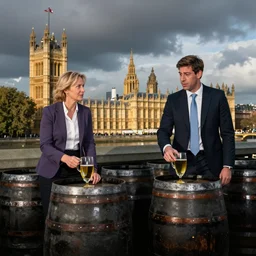 Liz truss and Rishi sunak at parliament drinking barrells of oil. Daily Telegraph.