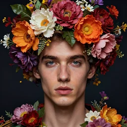 gorgeous and handsome man with beautiful flowers growing from his head, opulent, hyper detailed, vivid and vibrant, deep and dense coloration, hyper realistic, digital art, symmetrical,