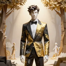 sculpture of a handsome young male super model resembling zayn malik made out of origami paper and ceramic wearing a black tissue paper and gold geometric tuxedo by marc jacobs, paper graffiti, trees made out of origami, ethereal, fantasy, lawrence alma tadema, james jean, oozium, peter morbacher, angelarium, alchemy, luxury, heavenly light, soft illumination, cinematic lighting, very detailed, 3 d octane render, artgerm, trending on artstation, cgi society
