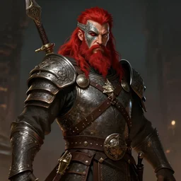an concept art of the barbarian bearded king, red hair, one eye, intricate details, detailed face, detailed armour, artstation, epic pose, ambient light, by david villegas