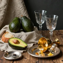still life by willem claesz heda, avocados, bread, linen, surreal glass goblets, one house fly, silver dishes, leftovers, overturned gold chalice,