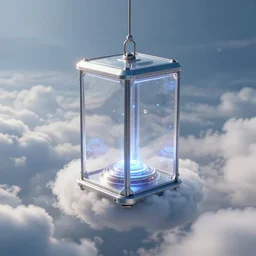 centralized, glass box hanging from a tether from the clouds, computer generated, 8 k, unreal engine dynamic perspective, surrealism, concept art by dom qwek, trending on cg society, futurism, futuristic, volumetric lighting, aesthetic