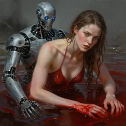 A beautiful detailed painting of Dolores Abernathy bathing in blood, robot revolution, apocalypse, Westworld, highly detailed, digital painting, artstation, cgscoiety, establishing shot, cinematic, intricate, smooth, sharp focus, illustration, Unreal Engine 5, concept art, 8K, art by Esao Andrews.