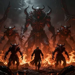a photorealistic hyperrealistic render of a scary infernal scene by greg rutkowski, wlop, artgerm, dramatic lighting, fire, roaming damneds, terrible guardian beasts, strong shadows, volumetric, cinematic atmosphere, octane render, artstation, 8 k