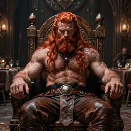 viking god, thick beard, exposed burly, brawny chest, strongman, long red hair, manly, mane - like hair, leather trousers, sitting in a wooden ornate throne in a dimly lit dining hall, digital painting, high definition, artstation, very detailed, nordic, fantasy, mystic, impressive, epic