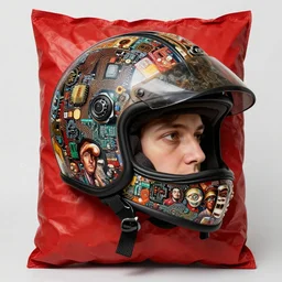 portrait of a military fighter pilot in ornate motorcycle dirt helmet in a helmet background red plastic bag, circuitboard,, rich deep colors, ultra detail, by francis bacon, james ginn, petra courtright, jenny saville, gerhard richter, zdzisaw beksinsk, takato yamamoto. masterpiece, elegant fashion studio ighting 3 5 mm