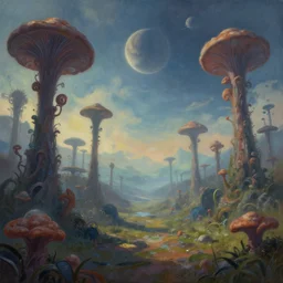 landscape painting of a strange alien fungal forest with spiral plants, planets visible in sky, in the style of no man's sky