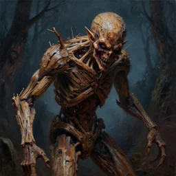 hyper realistic oil painting of a horrible and cruel creature made of wood, by night. complex and highly detailed, horror movie scene, octane render, greg rutkowski style.