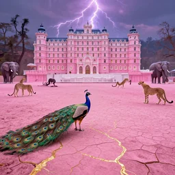 deep pink dry desert ground with gold veins, kintsugi, twilight, eerie, pastel colors, 8 k hd, very detailed, high quality, detailed, volumetric lightning, establishing shot, peacocks, cheetahs, elephants, grand budapest hotel
