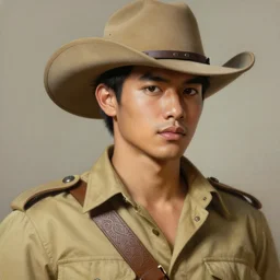 pretty face and smart and handsome thai hunter in armed, close - up portrait, with 6 0 s khaki western hat, khaki safari hunter costume, intricate, elegant, loin cloth, highly detailed, oil painting, artstation, concept art, matte, sharp focus, illustration, hearthstone, art by earl norem and lixin yin and denys tsiperko and bogdan rezunenko,