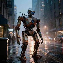 street of manhattan, photography, night, rain, mist, rusty robotic details, cinestill 8 0 0 t, in the style of william eggleston