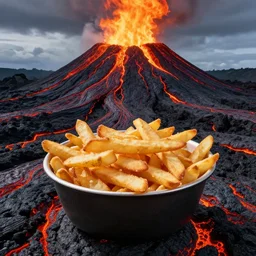 poutine ( the canadian meal ) from ngauruhoe ( mount doom ), lava texture, char texture, volcano texture, fire texture, by alan lee, by john howe