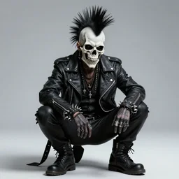 a portrait of the grim reaper as a punk rocker, punk, skeleton face, mohawk, dark, fantasy, leather jackets, spiked collars, spiked wristbands, piercings, boots, electric guitars, motorcycles, ultrafine detailed painting by frank frazetta and vito acconci and takeshi obata, death note style, detailed painting, detailed eyes