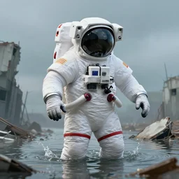 very realistic photographs of american white spacesuit chubby astronaut in giant flood postapocalyptic abandoned destroyed flooded with water times square, wrecked buildings, destroyed flipped wrecked cars, pinhole photo, vintage, neutral colors, documentary still by gregory crewdson