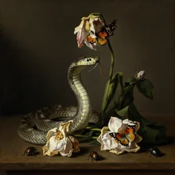 snake hunting butterfly still life, withered flowers, beetles crawling, otto marseus van schrieck still life, dutch golden age painting, dramatic lighting, cinematic lighting, willem van aelst still life, elias van den broeck painting still life, christiaen striep still life, rachel ruysch flowers, oil on canvas, detailed, vanitas baroque painting