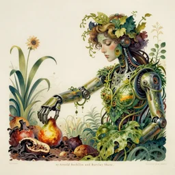 A colorful, detailed print - A portrait of a mechanical arm, composed of plants and vines, reaching into a pile of rotting fruit. by Arnold Bocklin and Barclay Shaw, masterful print. 4k, unreal engine stunning Art Nouveau