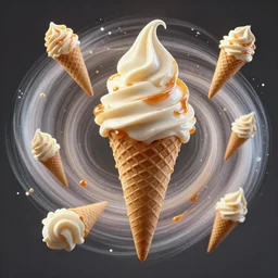 stunning person comprised of ice cream cones and vanilla ice cream caramel swirl, intricate detail, centrifugal forces, greg rutkowski, trending on artstation, 4 k